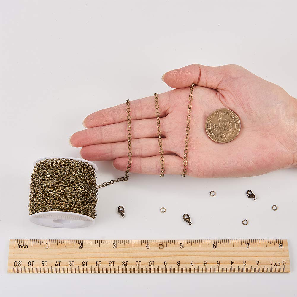 SUNNYCLUE DIY 33 Feet Antique Bronze Curb Cable Chain Link Necklace Small Width 3mm 30 Brass Lobster Claw Clasps, 100 Brass Jump Rings Antique Bronze Jewelry Chain for Jewelry Bracelet Necklace Making