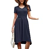 Alaster Queen Womens Summer 2025 V Neck Dresses Casual Midi T Shirt Waist Pleated Sundress with Pocket