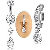 MODRSA Dangle Belly Button Ring Dangling Silver Gold Dangly Belly Piercing Jewelry Hypoallergenic Surgical Steel Butterfly Flower Navel Rings for Women Clicker Navel Piercings Pink