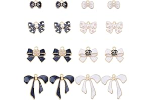 SUNNYCLUE 1 Box 48Pcs 8 Styles Black White Bow Charms Bulk Bowknot Charms Mini Enamel Pearl Flower Bows Tie Romantic Valentine Floral Charm for Jewelry Making Charms Women DIY Necklaces Earrings