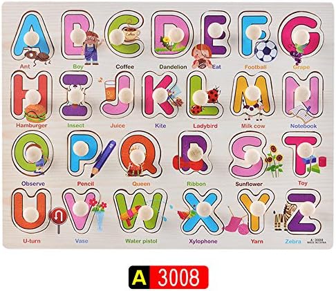 TINNZTES Kid Early Learn Educational Toys Baby Hand Grasp Knob Pegged Wooden Letter with English Words Cognitive Hand Grasp Plate Board Jigsaw Puzzle Toy (Letter with English Words )