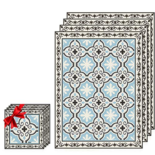 Camoone Placemats Set of 4 Dining Table Set - Elegant Toscana Decor - Easy Clean, Insulated, Hypoallergenic, Non-Toxic, PVC 11.8x15.75x0.08 Inches + Bonus 4x Matching Coasters - Light Blue / Off-White