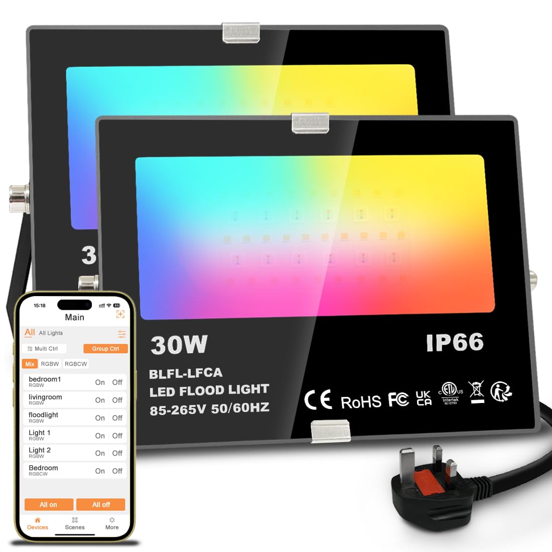 Lighting master LED Floodlight 30W 3000LM, Smart RGB Flood Lights Outdoor with APP Control, Colour Changing + Warm White, Timing - Scene - Garden Lighting, IP66, UK Plug（2 Packs