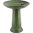 Esschert Design FB424 Bath on Pedestal with Bird, Ceramic, Green