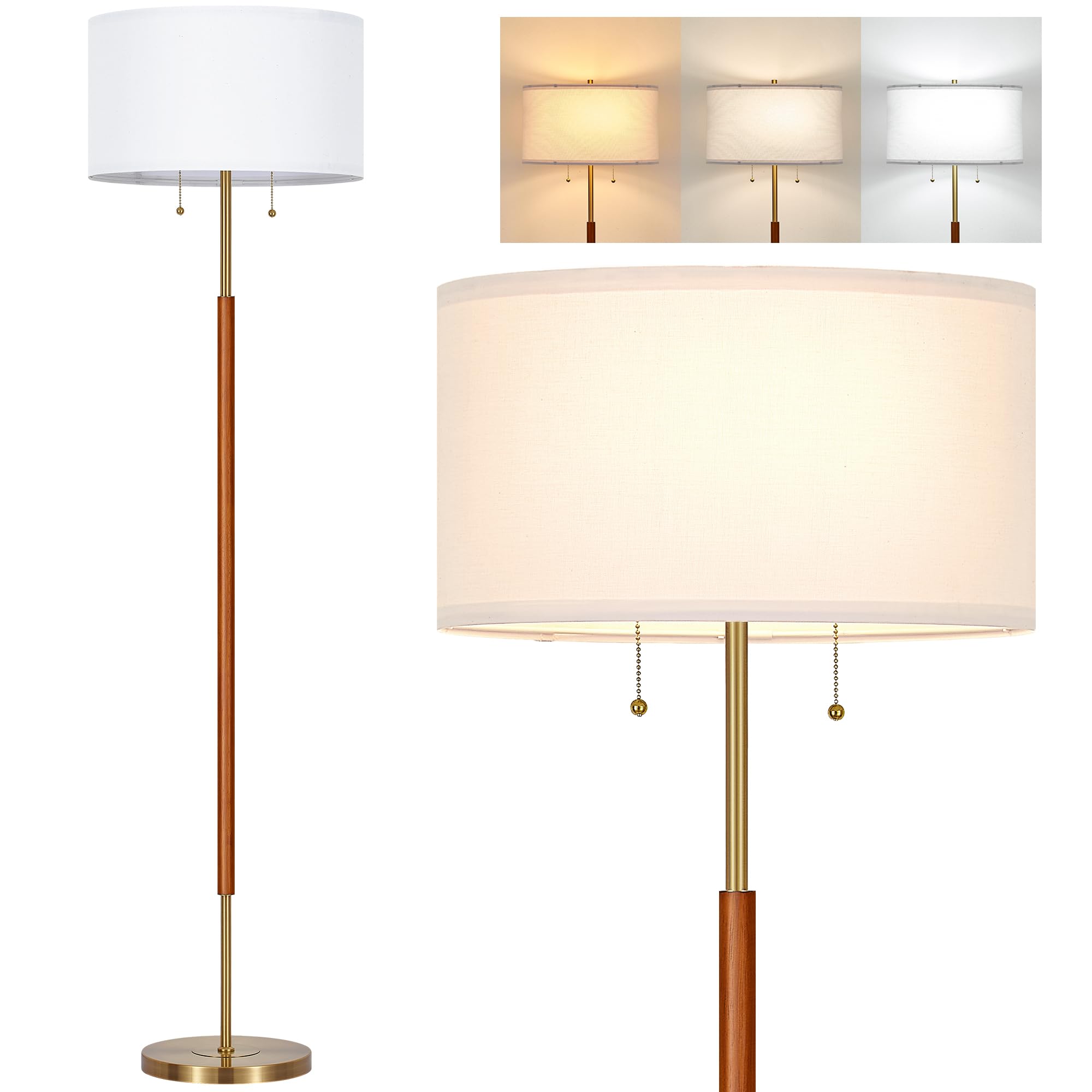 Photo 1 of **BROKEN SHADE RIM***BTP Mid Century Floor Lamp for Bedroom, 2-Lights Wood Floor Lamp with Dual Switch, Tall Reading Standing Light for Living Room Office Farmhouse, 3 Color Temperatures 9W Bulbs*2 Included