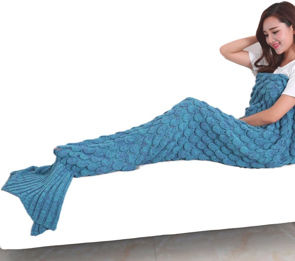 Soft warm mermaid tail blankets, crochet-knit, sofa, bed, living room, camping, sleeping bag, size: 75 cm of 90.2 cm. Blue Lake