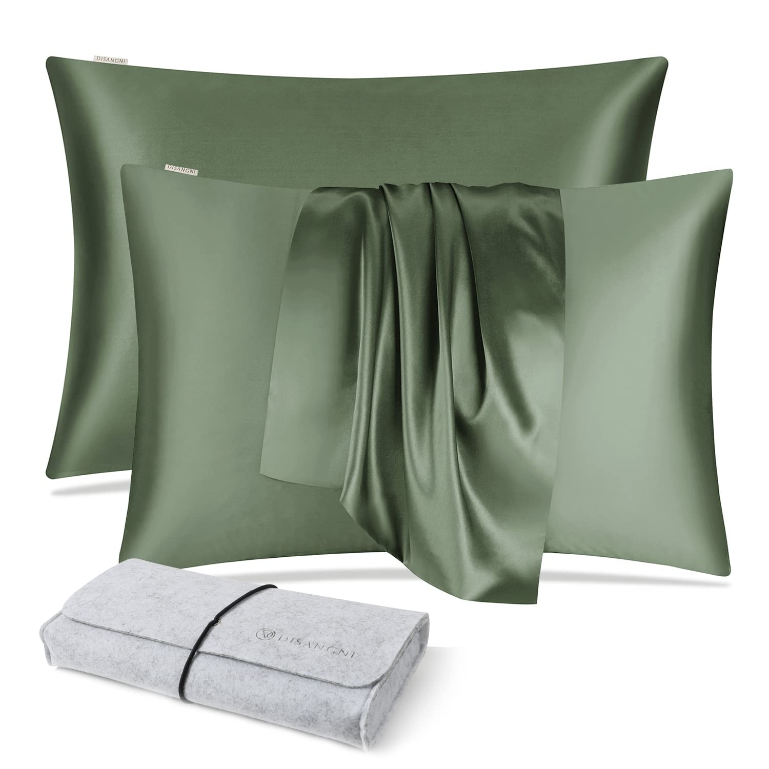 DISANGNI 100% Silk Pillow Cases 2 Packfor Hair and Skin,with Hidden Zipper 22 Momme Both Sides Pure Natural Mulberry Silk Real Silk Pillow Case (2pc 50x75cm Green)