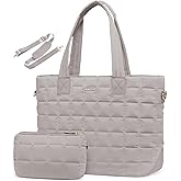 LOVEVOOK Laptop Tote Bag for Women, 17 Inch Large Puffer Work Computer Tote Bags for Teacher Nurse, Quilted Women's Purse Tote Shoulder Handbags with Zipper for Travel College Office Gym, Sandy
