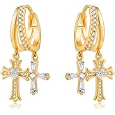 Double Huggie Hoop Earrings with Charms Cross Dangle Earrings Gold/Silver Double Cross Drop Hoop Earrings for Women Men Trendy