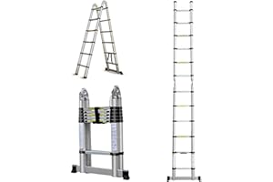 BOWOSHEN Telescoping Ladder A-Frame Straight 2-in-1 Extension Ladder 12.5ft A Shape Heavy Duty Portable Home RV Ladder with Safety Stabilizer Lock Hinge Non Slip Feet, 330lbs Max Load, EN131 Certificated