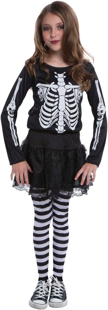 Child Skeleton Girl Black & White Halloween Long Sleeved Fancy Dress Costume Top Tutu Skirt and Striped Socks Medium