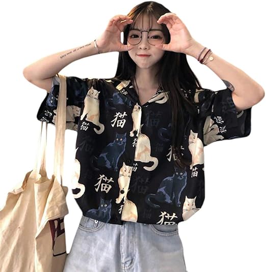 Amazon Shuming シャツ レディース ブラウス 半袖 プリント 猫柄 トップス 薄手 カジュアル 夏 アロハシャツ ファッション 可愛い ビーチシャツ シャツ ブラウス 通販