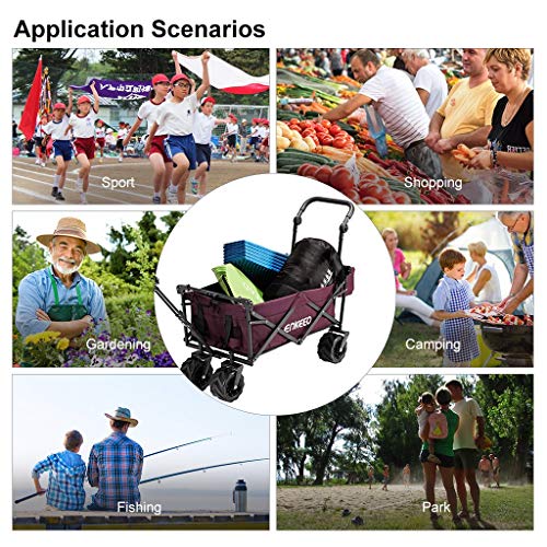 ENKEEO Foldable Utility Wagon Collapsible Sports Outdoor Cart with Removable Canopy, Large Capacity and Tilting Handle for Camping Beach Sporting Events Concerts Shopping (Burgundy)