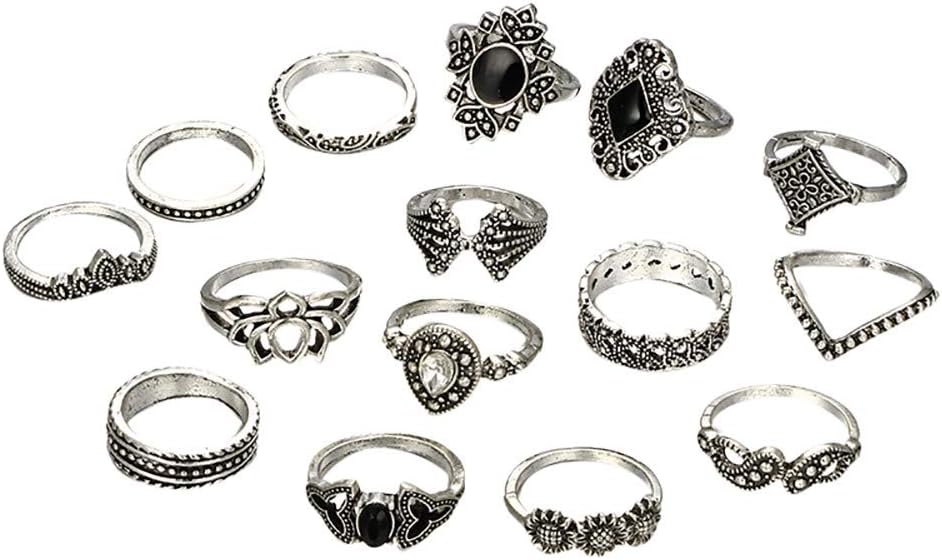 Clearance Sale! 15 Pieces Rings for Women, Jiayit 15pcs/Set Women Bohemian Vintage Silver Stack Rings Above Knuckle Blue Rings Set Christmas Gifts for Women and Girls (Silver)