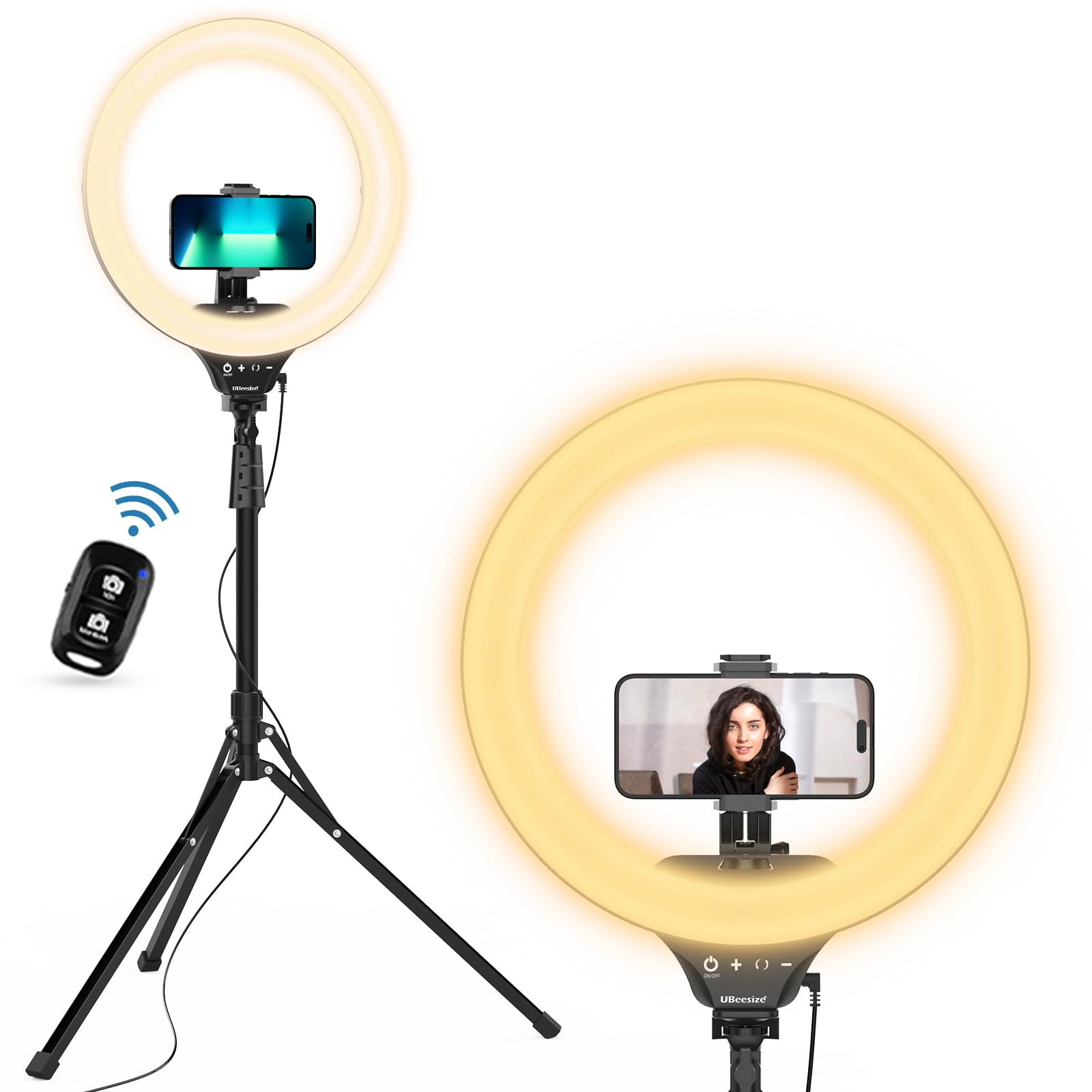 UBeesize LEDリングライト 14インチ 158cmスマホ三脚スタント付き 撮影ライト 5色ライト ビデオライト 自撮りライト三脚 スマホ/カメラ適用 自撮り/ビデオ録画 撮影/化粧/ブログ/生放送に対応 の商品画像