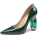 JANSEVEN Women Chunky Heels Pumps Crystal Block Heels with Rhinestones Pointed Toe Sexy Gradient Patent Leather Slip on Bridal Party Wedding Dress Shoes 5-13 M US
