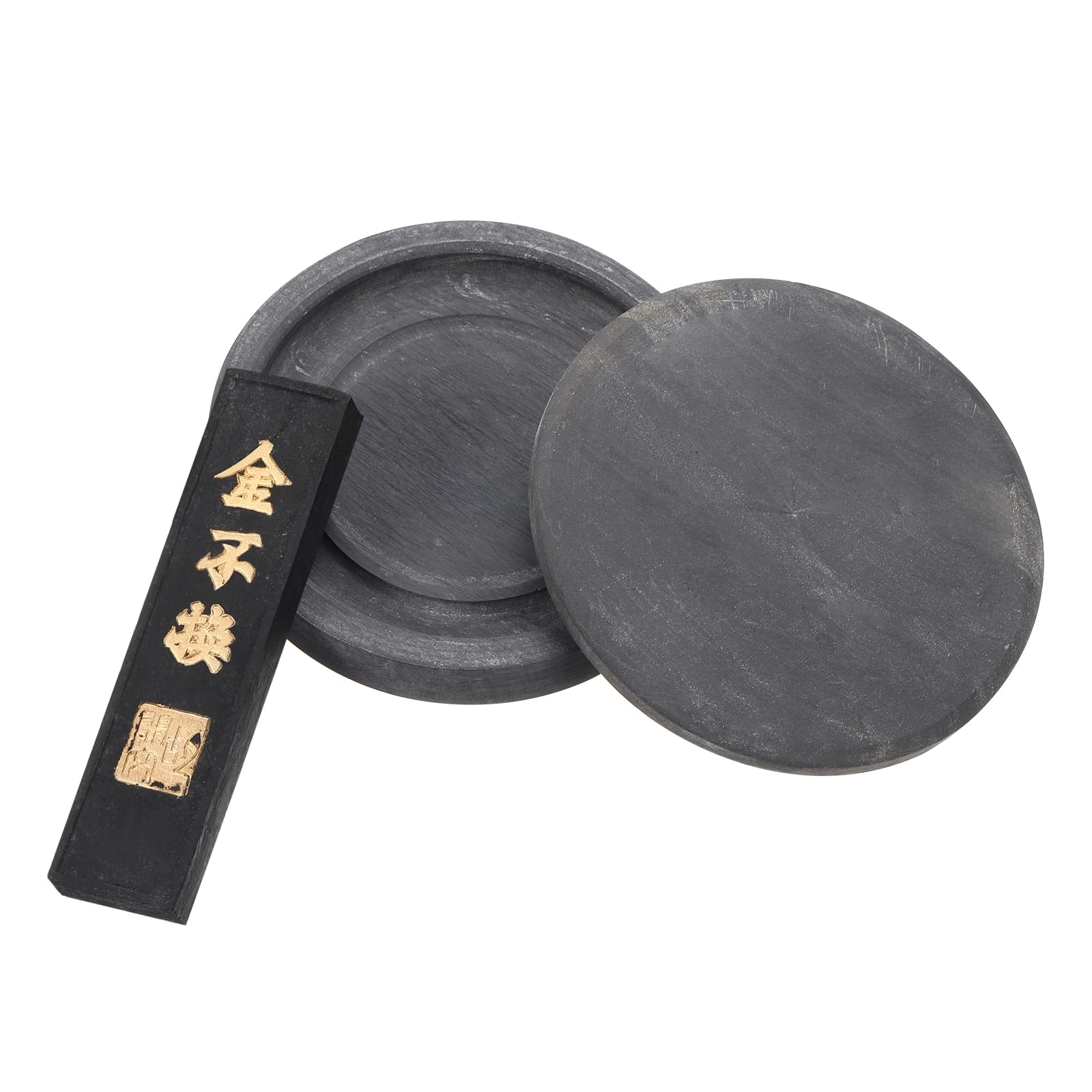 PATIKIL 4 Inch Chinese Calligraphy Inkstone with Ink Stick, Round Ink Stone Tray for Traditional Calligraphy Practice Painting Drawing, Black