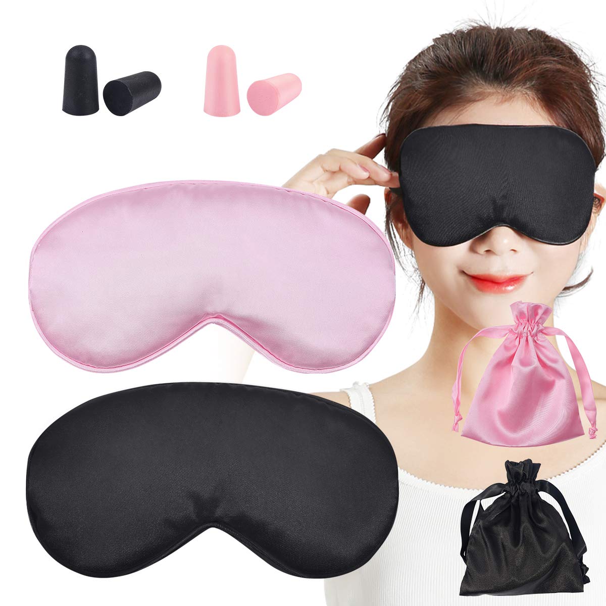 YANXU 2 Pairs Silk Sleep Masks, Blackout Eye Mask with 2 Pairs of Soft Slow Rebound Silent Earplugs, Eye Shades for Travel and Naps, Adjustable Strap Sleep Masks for Women and Men (Black & Pink)