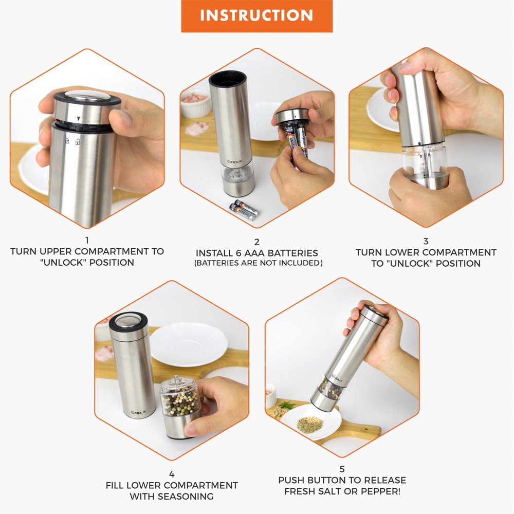 OPUX Electric Salt and Pepper Grinder Set with LED Light Battery Operated Stainless Steel Salt