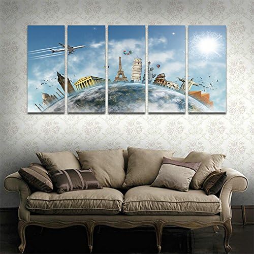 CyioArt - 5 Panels Modern Canvas Painting Wall Art The Picture For Home Decoration World Famous Scenic Monuments Buildings Cityscape Print On Canvas Giclee Artwork For Wall Decor (69"W x 32"H, framed and ready to hang)