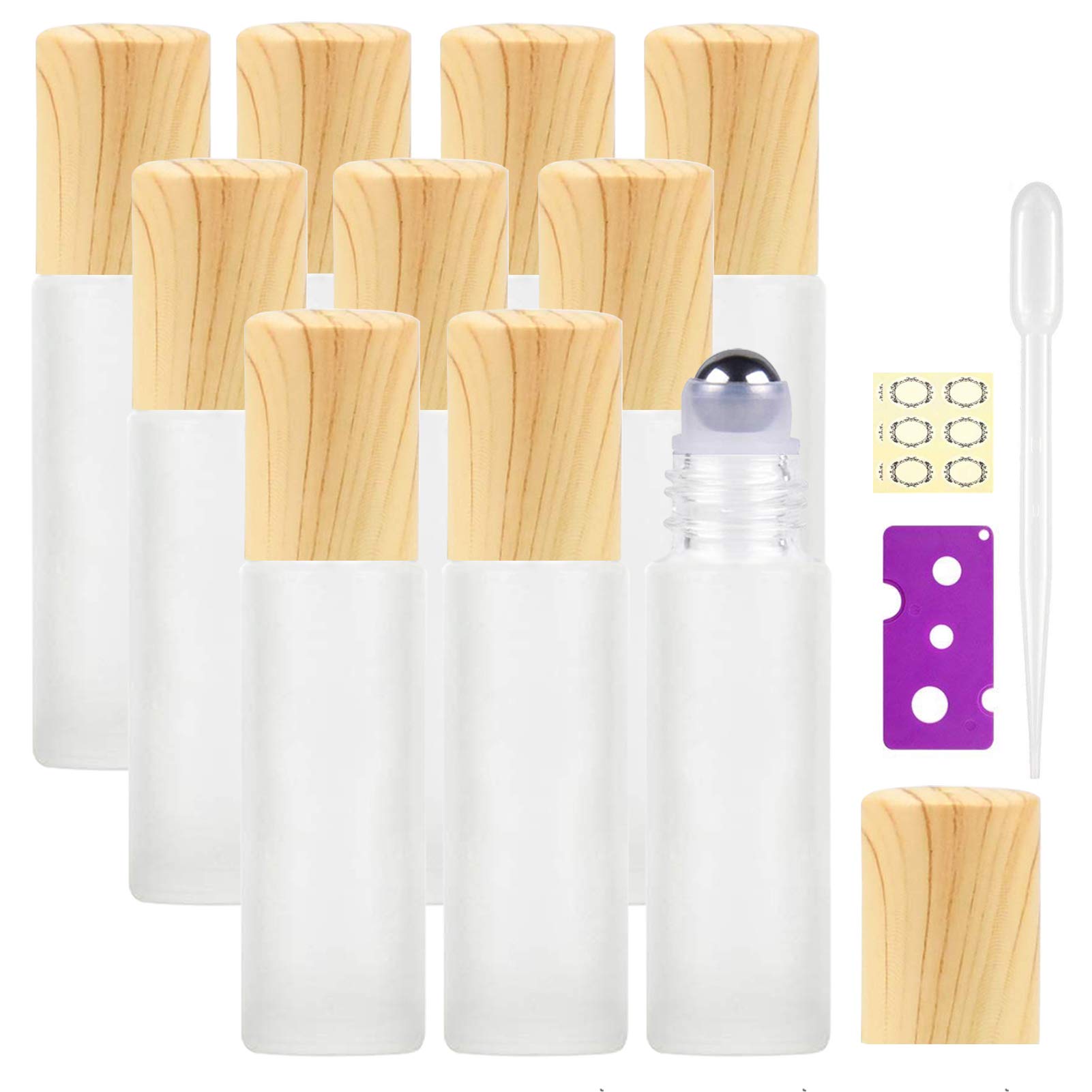 Yalbdopo 10Pcs, 10Ml Essential Oil Roller Bottles - Refillable Frosted Clear Glass Roll on Bottles with Stainless Steel Roller Balls & Wood Grain Plastic Cap, Include 12 Labels, Dropper & Opener