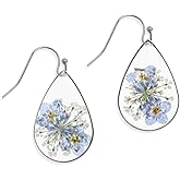 Jean Beau 925 Sterling Silver Pressed Flower Earrings for Women, Handmade Hypoallergenic Resin Dried Flower Teardrop Dangle Earrings, Nature Floral Jewelry Gift for Mom and Wife
