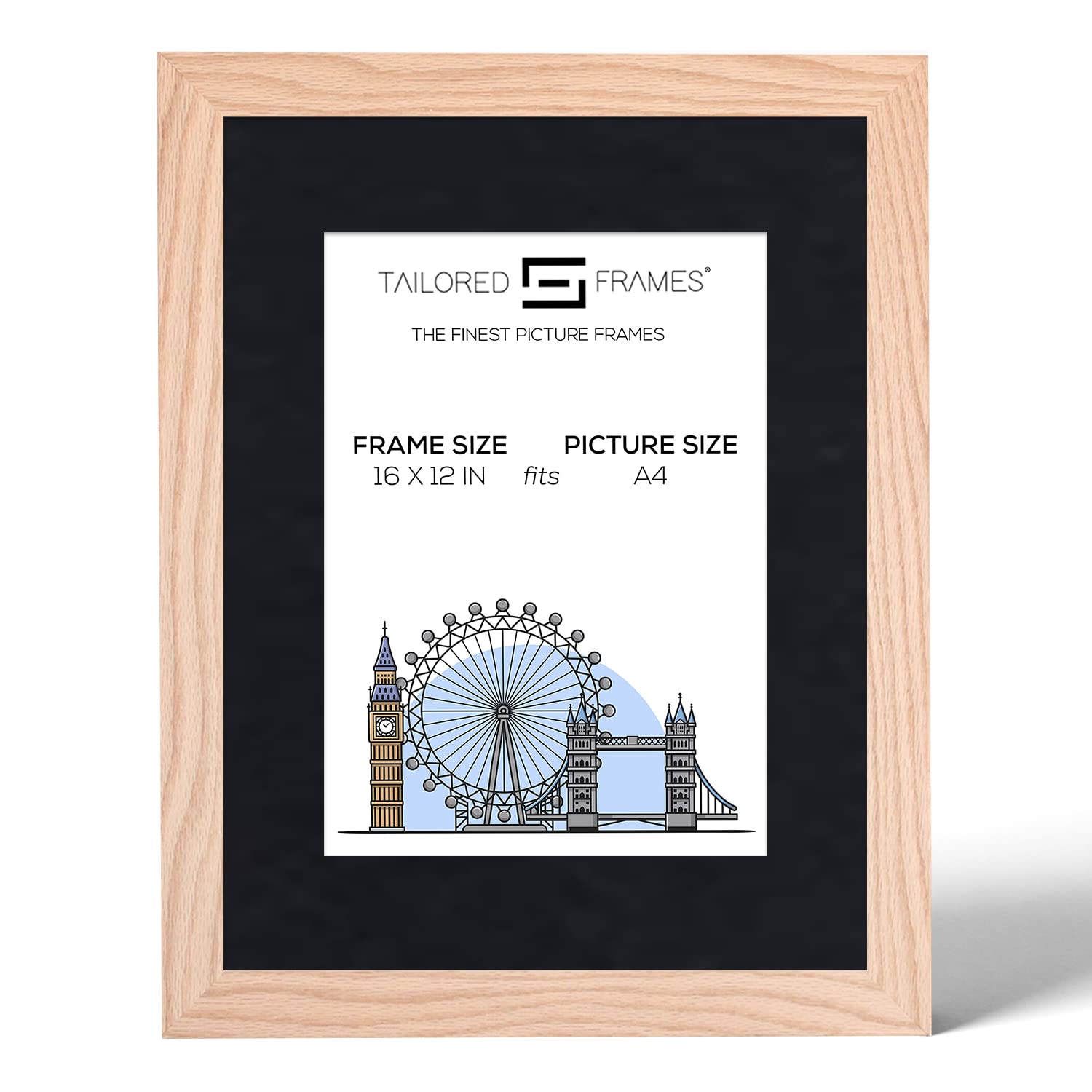 Tailored Frames 99 Solid Natural Oak 16" x 12" Frame for A4 Picture | Single Picture Frames | Wall Hanging Type | Photo Frame with Black Mount