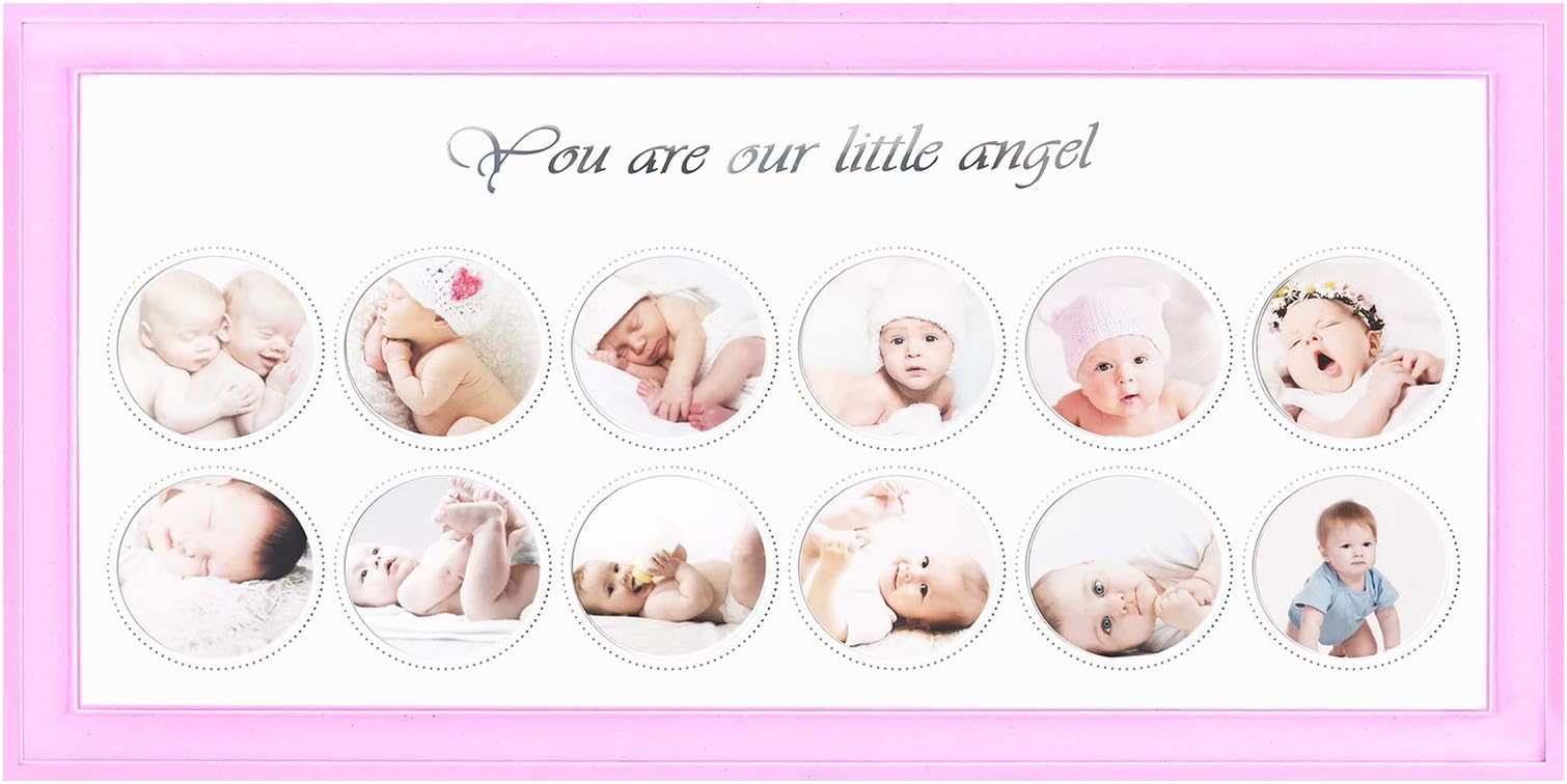 My First Year Photo Baby Keepsake Frame - 12 Months Picture Frames with Twelve 1.8” for Mothers Gift Baby Present Memory Home Decoration (Pink), 15 x 8 inches