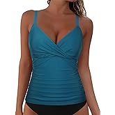 Hilor Women's Underwire Tankini Top Ruched Tummy Control Bathing Suit Tops Push Up Top Swimsuit Front Twist Swim Top Only