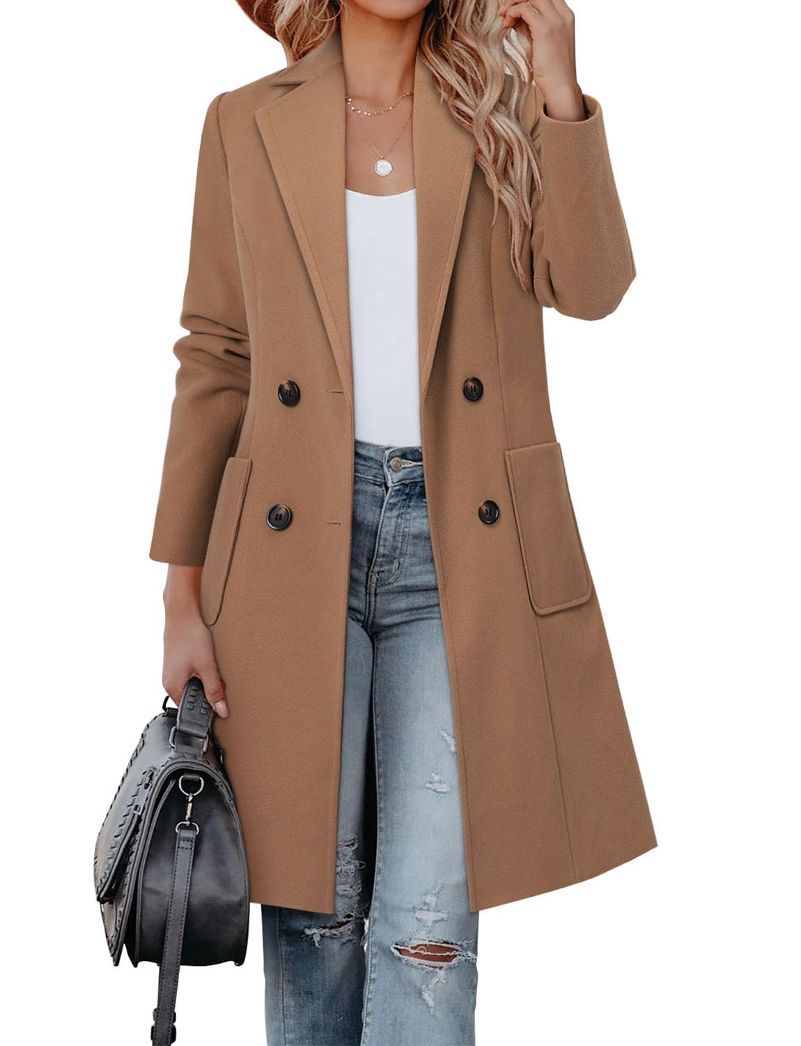 Photo 1 of CHICZONE Womens Notch Lapel Double Breasted Wool Pea Coat Long Jackets Winter Overcoat Brown S