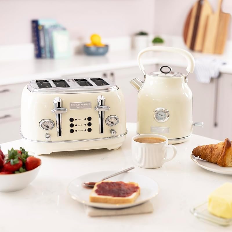 Charles Bentley Kettle And Toaster Set Cream Chrome 4 Slice 360 Base