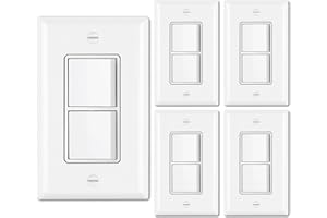 BESTTEN 5 Pack Double Light Switch, Single Pole, Combination Decorator Interrupters, 15A 120V, in-Wall On/Off Switch, Dual Paddle Rockers, Wallplate Included, UL Listed, White