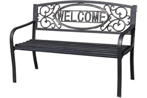 Four Seasons Courtyard Welcome Outdoor Park Bench Powder Coated Steel Frame Furniture Seat for Backyard Garden, Front Porch, or Walking Path, Black