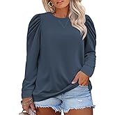 DOLNINE Womens-Plus-Size-Tops Casual Puff Sleeve Dressy Solid Color Sweatshirt Classic Crewneck Loose Fit Tunic Shirts XL-5XL
