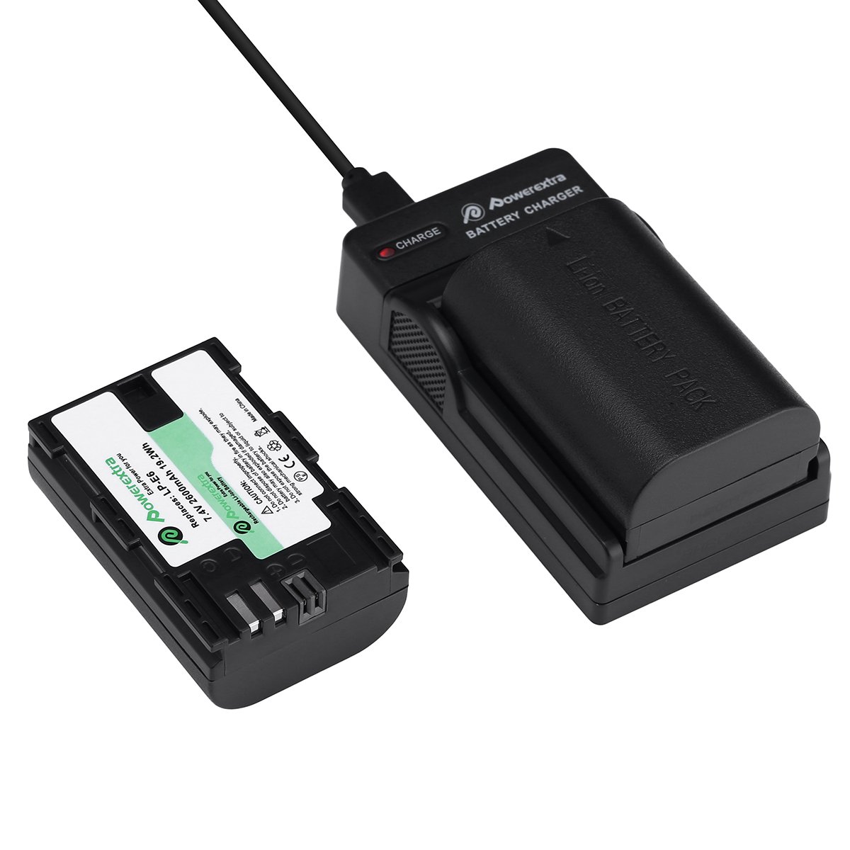Powerextra 2 paquetes LP-E6 Reemplazo Batería Recargable con Cargador Para Canon 70D, 5D Mark II, 6D, 7D, 5D Mark III DSLR Cámaras