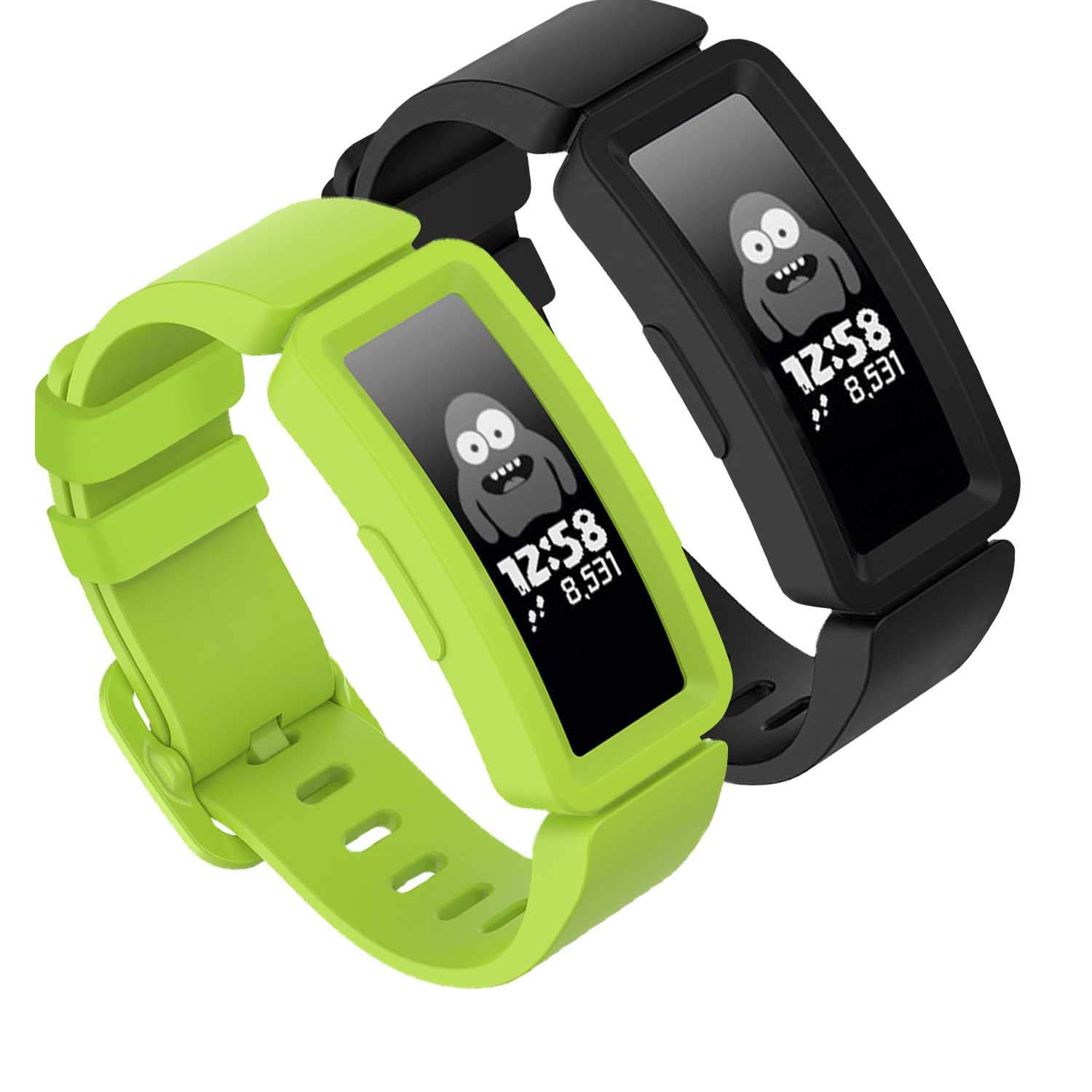 TopPerfekt Strap Compatible With Fitbit Ace 2 for Kids 6, Soft Silicone Waterproof Bracelet Accessories Strap Boys Girls Wristbands Compatible for Fitbit Ace 2 (2Black,Lime)