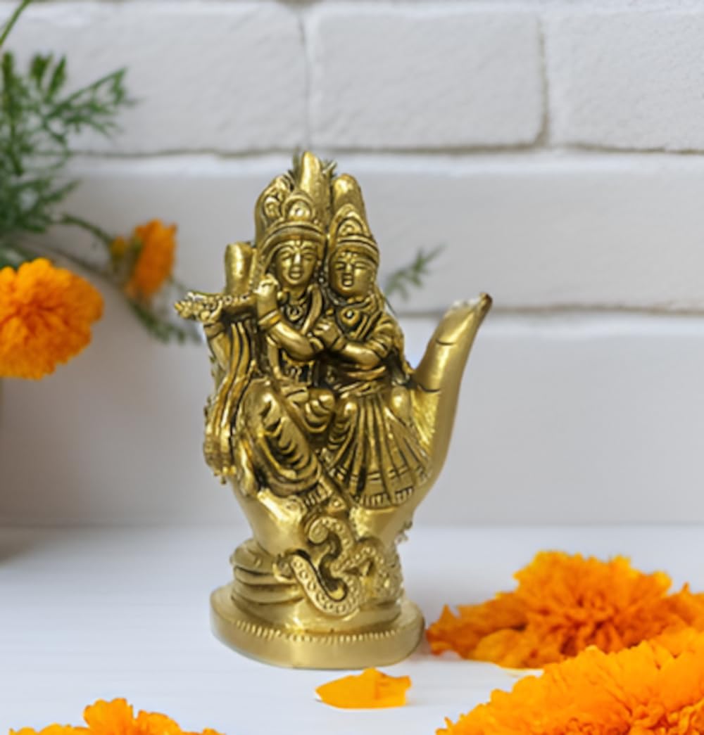 Purpledip Brass Idol Radha Krishna: Seated on Hand Shape Throne with Om (12170)