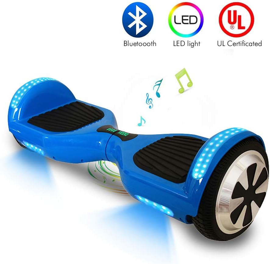VEEKO Hoverboard Self Balancing UL 2272 Certified Bluetooth Speaker RGB LED Color Changing Light 6.5'' Two-Wheel Solid Rubber Tires 2-4 HS Fast Charge Max 8-11KM Best Gifts for Holiday Season Blue