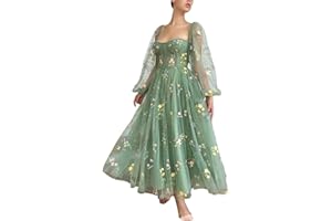 Smileven Women's Puffy Sleeve Prom Dresses Flower Embroidery Tulle Formal Evening Party Gowns