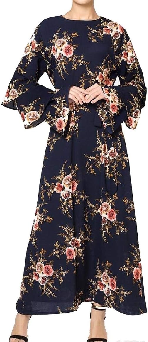 ouxiuli Women Print Floral Bell Flare Sleeve Muslim Abaya Long Dress