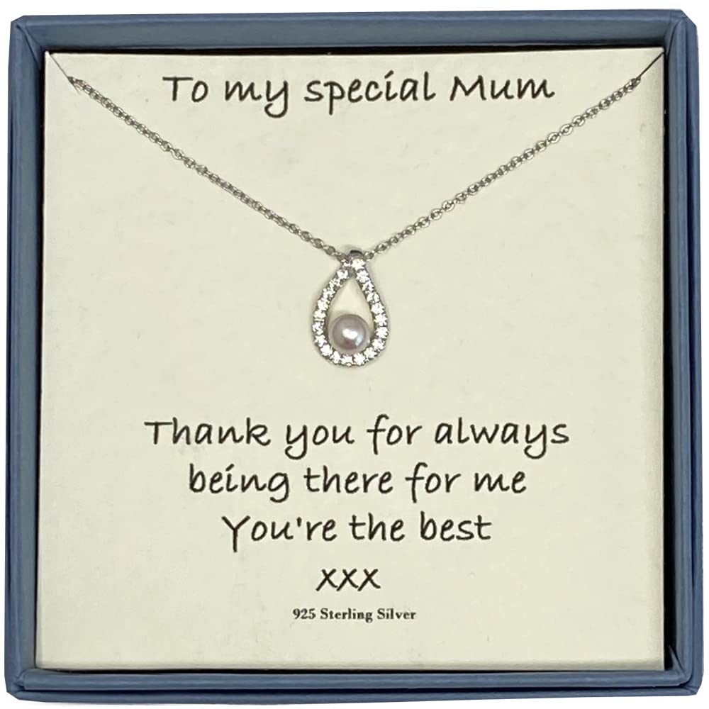 Strictly Gifts To My Special Mum Sterling Silver Necklace with Cubic Zirconia Teardrop Outline and Freshwater Pearl