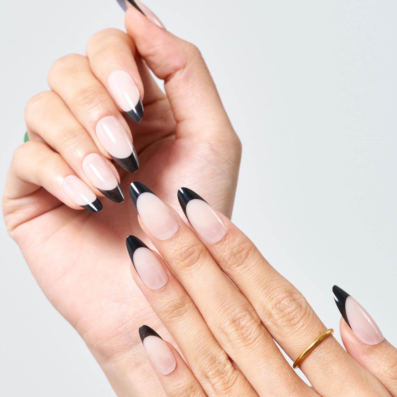 GLAMERMAID Press on Nails Medium Almond, Spring Summer Black French Tip Gel Glue on Nail, 24Pcs Glossy Short Stiletto Reusable UV Finish Fake Nails Acrylic False Nails Manicure Kits for Women - Image 7