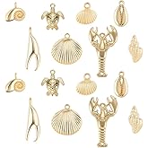 SUNNYCLUE 1 Box 54g Real 14K Gold Plated Charms Bulk Gold Summer Ocean Charm 16Pcs Sea Theme Marine Life Charms Starfish Shell Charm Pendant for DIY Christmas Earring Bracelet Jewelry Making Supplies