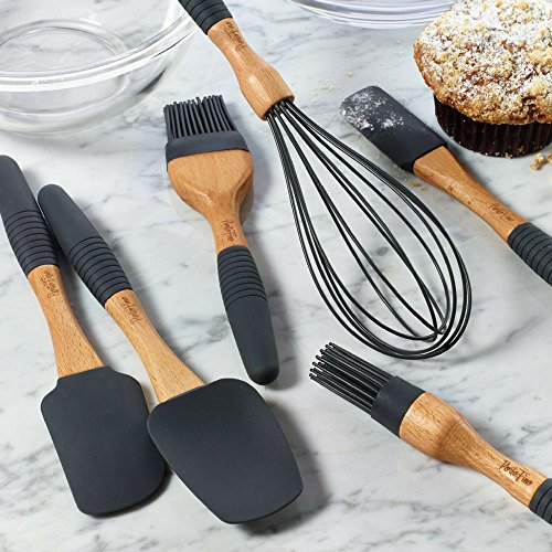PortoFino 6 Pc. Baking Utensil Set – Beech Wood & Silicone – Cooking / Kitchen Tools – 9” Large Spatula, Small Spatula, Spoon Spatula, Flat Pastry Brush, Round Pastry Brush, 12” Whisk, Gray