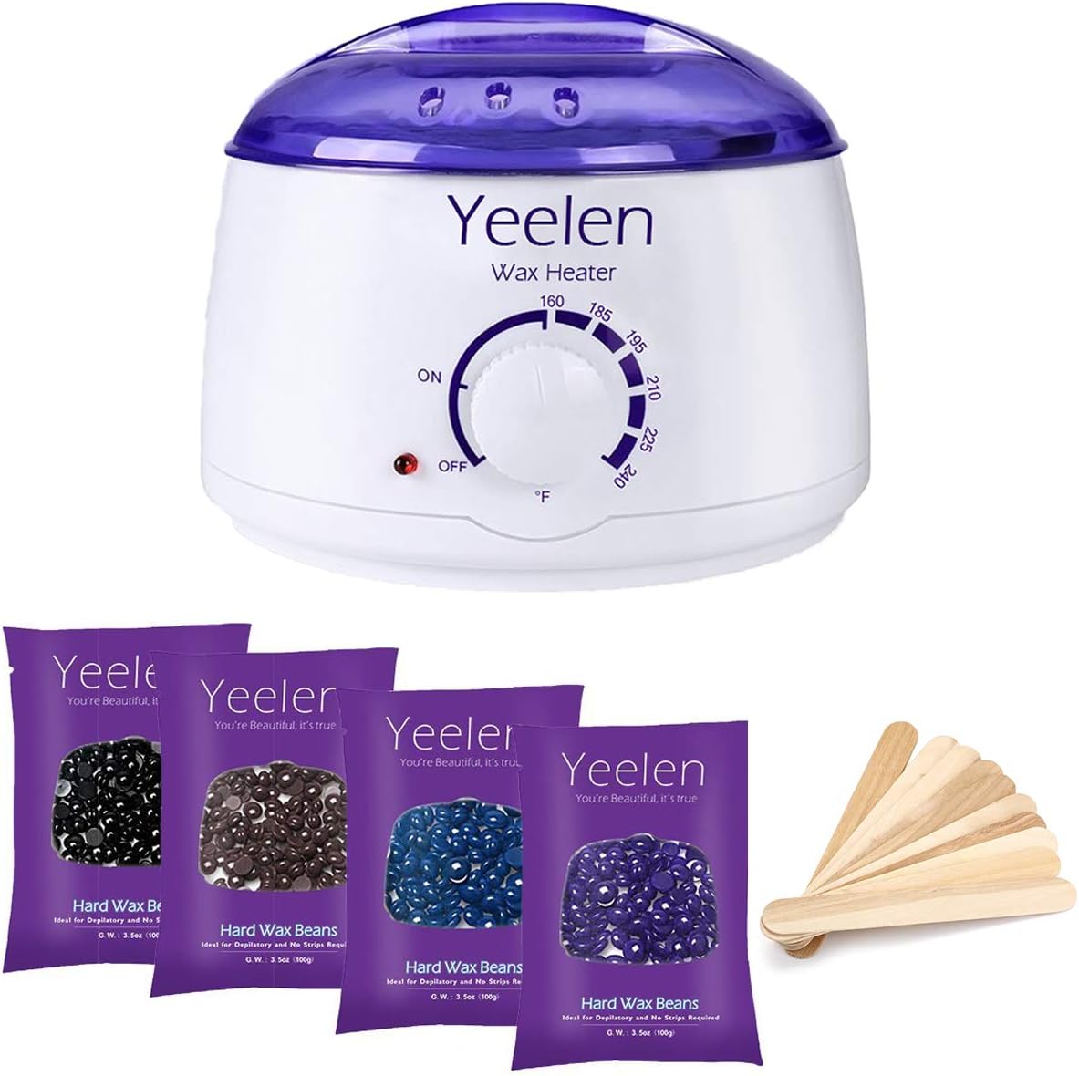 Yeelen Hair Removal Kit Hot Wax Warmer Waxing Kit Wax Melts with 4 Flavors Hard Wax Beans（14.1oz ） and 10 Wax Applicator Sticks for Painless Wax of Legs, Face, Body, Bikini Area