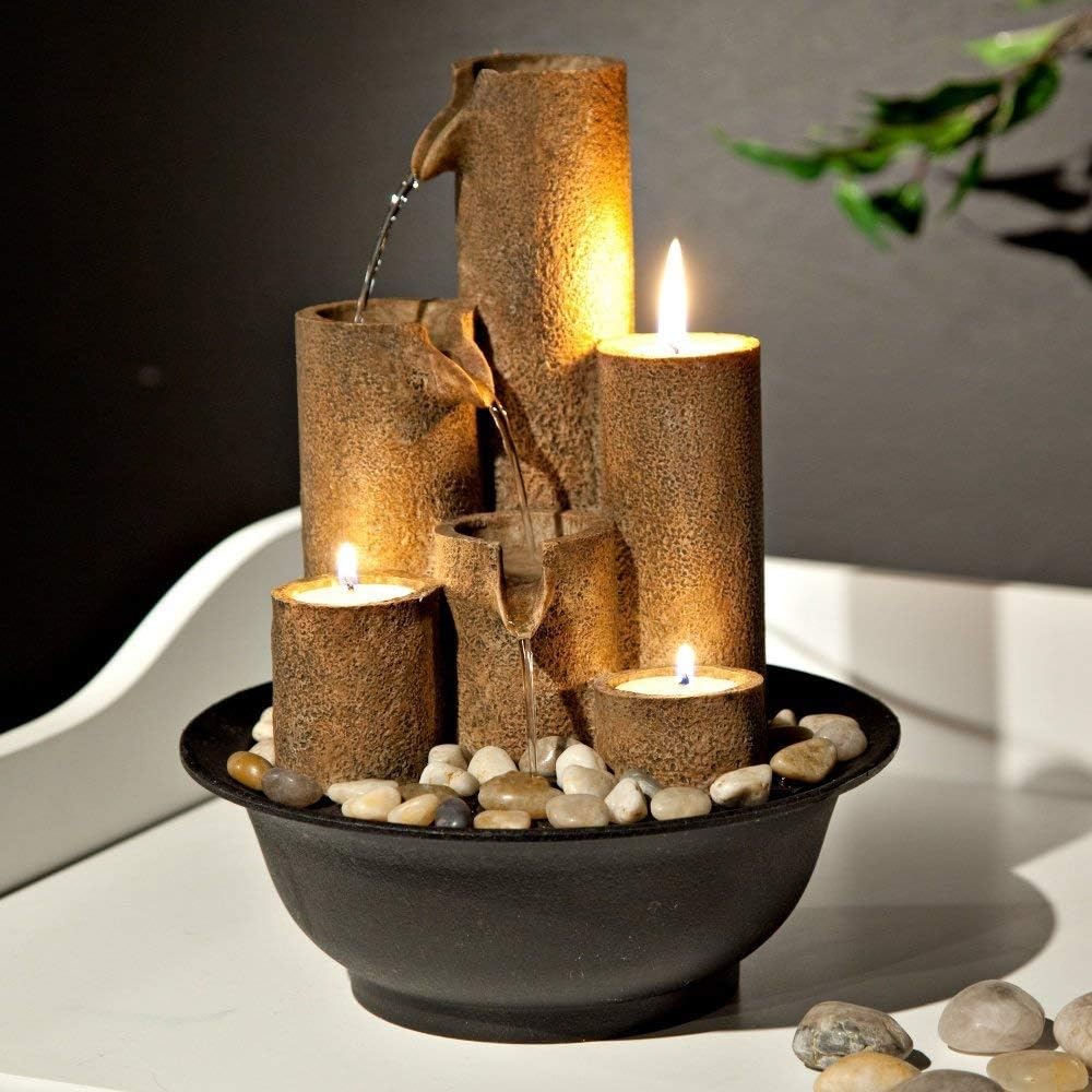 Alpine Corporation WCT202 Tiered Column Tabletop Fountain w/ 3 Candles, 11 Inch Tall, Brown : Tabletop Garden Fountains : Garden & Outdoor