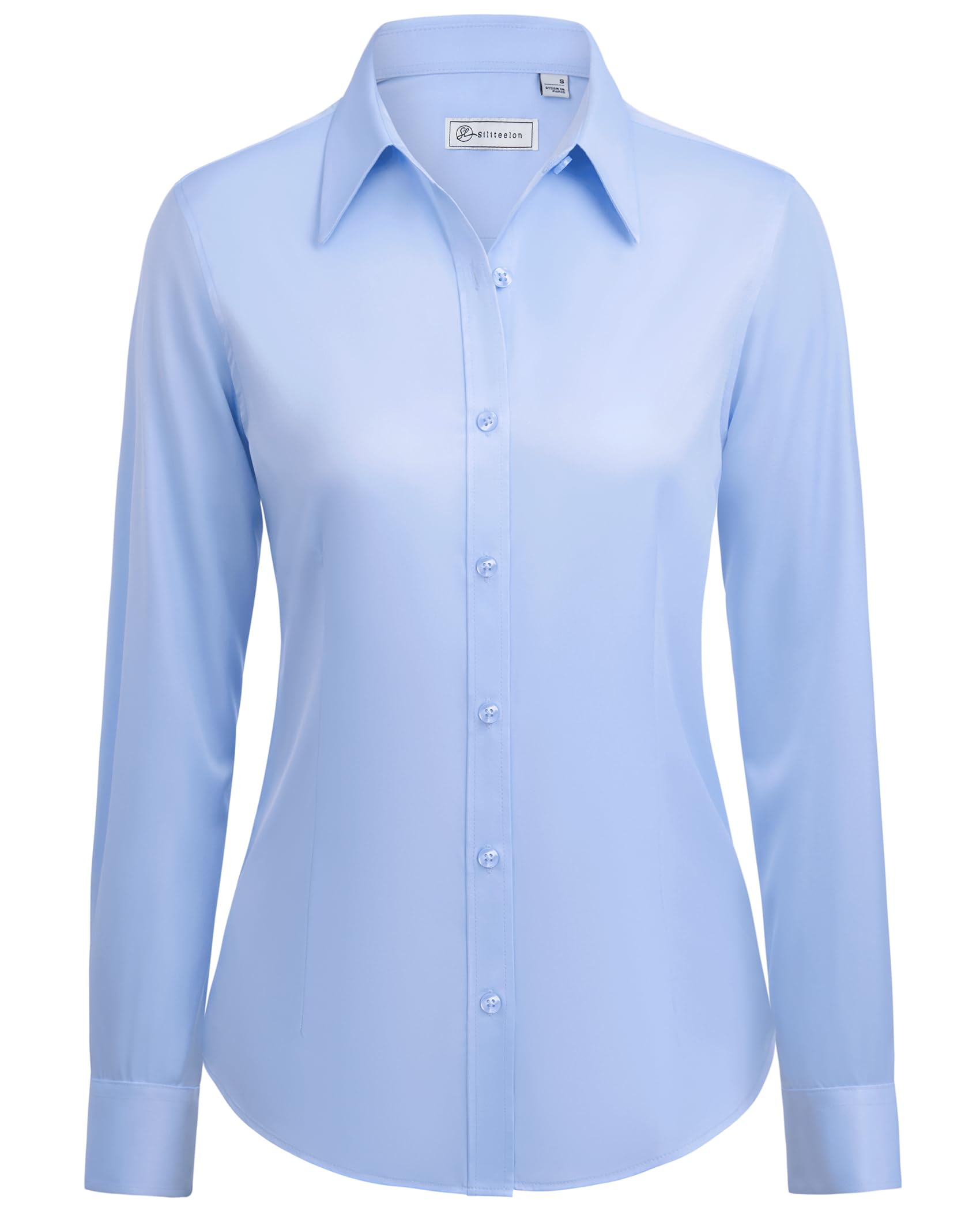 Photo 1 of **RUNS SMALL** siliteelon Button Down Shirts for Women: Wrinkle Free Long Sleeve Classic Fit Collared Dress Shirt Solid Formal Office Blue XS