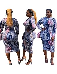 Vestido ajustado de talla grande Traje midi estampado africano de manga larga con cuello simulado para mujer
