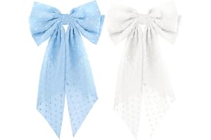LLSME 2PCS Large Hair Bows Ribbon Hair Clips, Double Layers Big Bow Hair Clip With Long Tail Ribbon Bowknot Hair Barrettes, Ponytail Holder Hair Accessories for Women Girls (Blue+White)