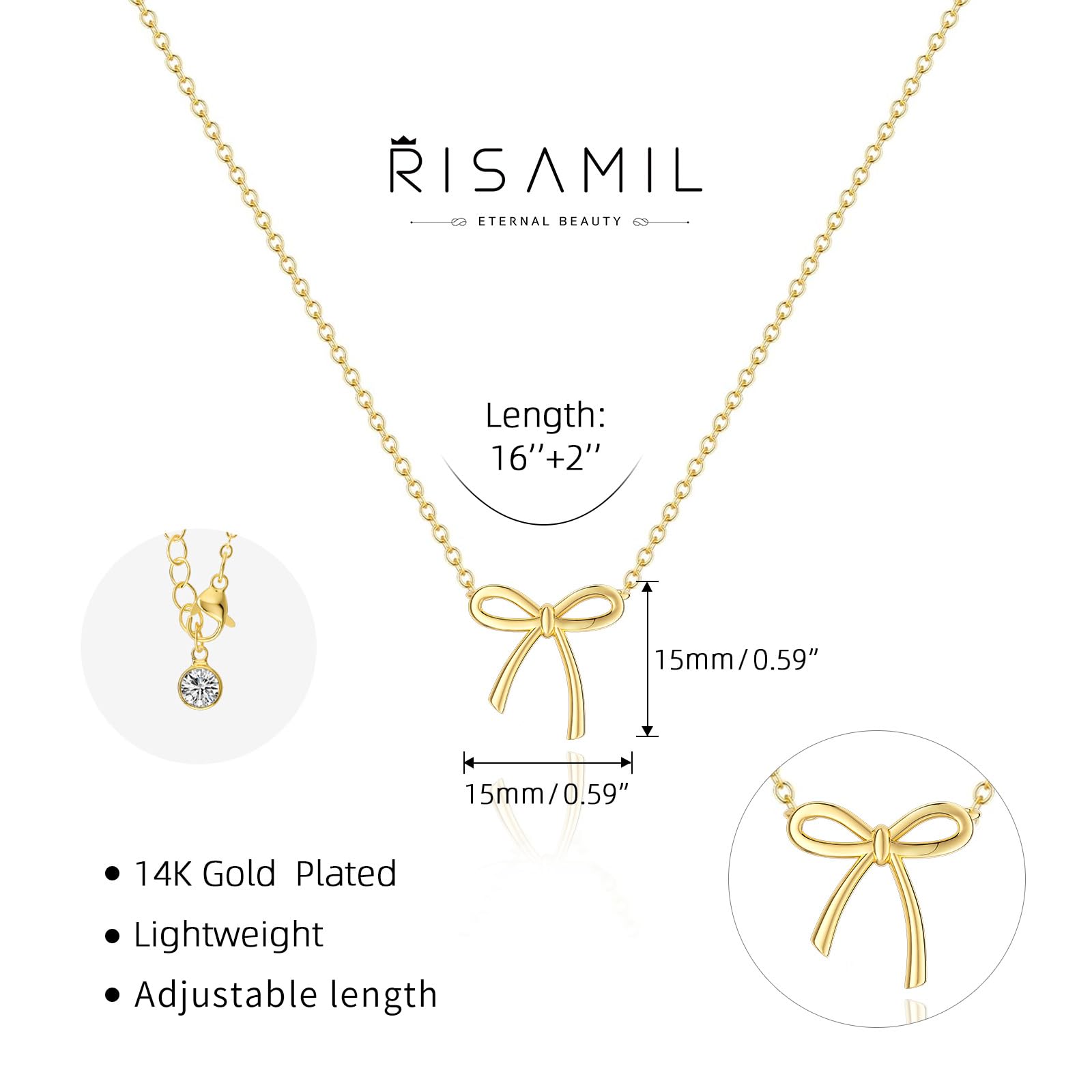 Risamil 14K Gold Plated Necklace for Women - Bow Necklace - Dainty Necklace Cute Small Tiny Bow Pendant Choker Chain Necklace Trendy Necklaces for Women Jewelry Gift